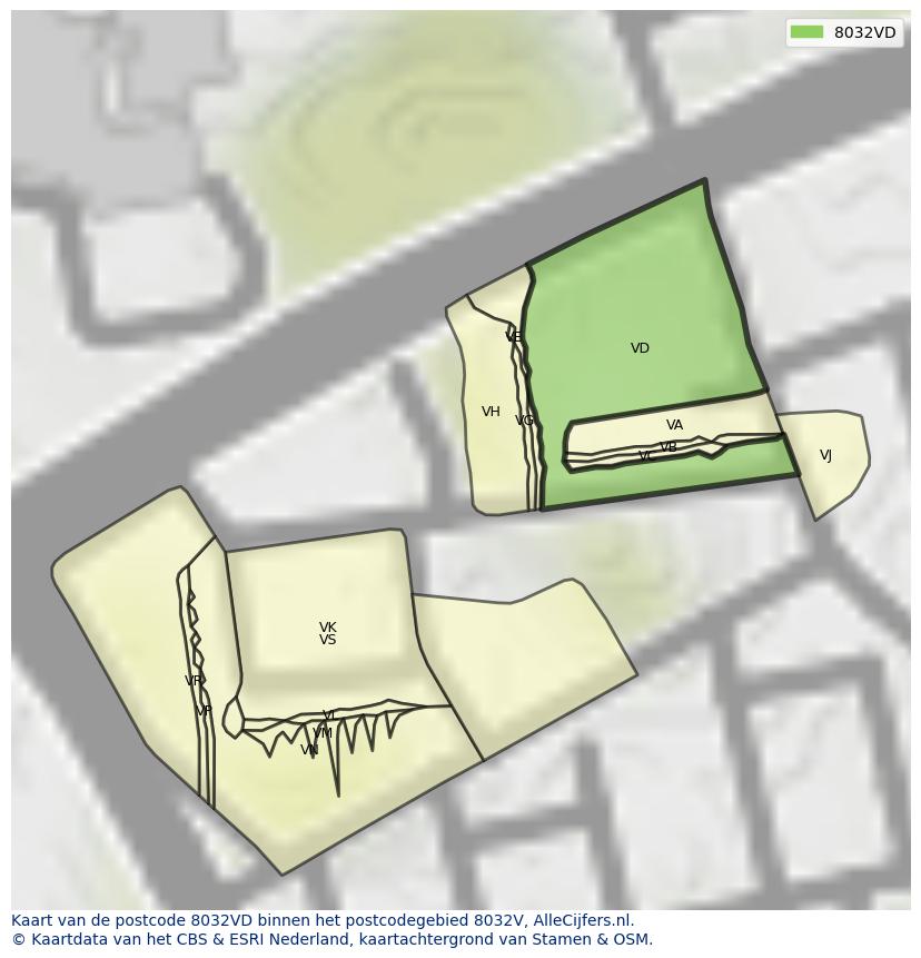 Afbeelding van het postcodegebied 8032 VD op de kaart.