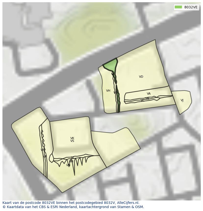 Afbeelding van het postcodegebied 8032 VE op de kaart.