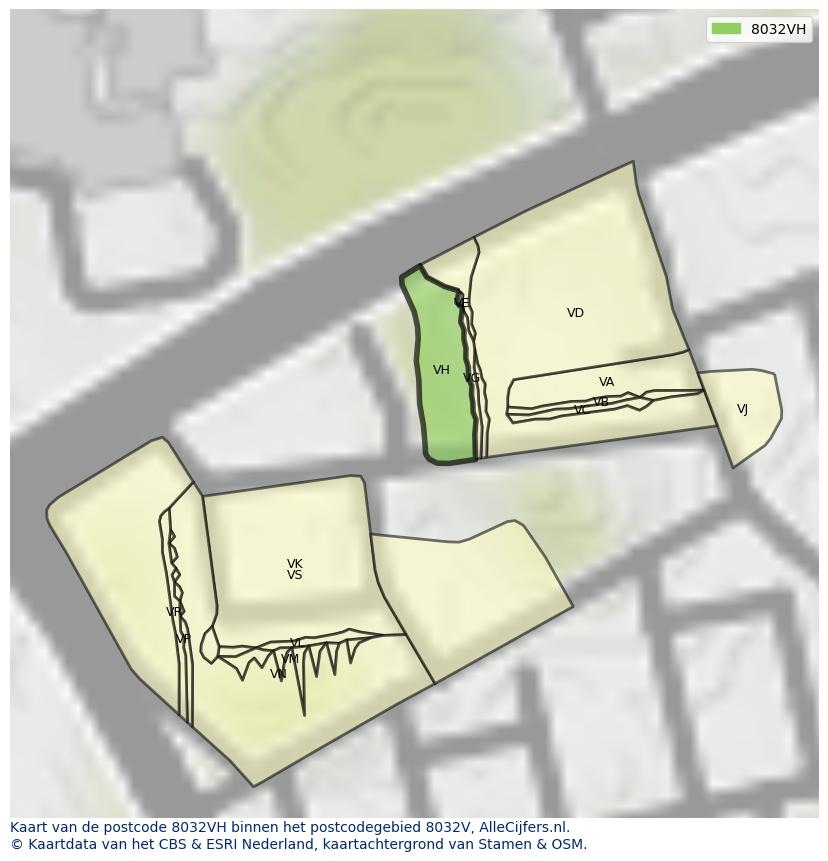 Afbeelding van het postcodegebied 8032 VH op de kaart.