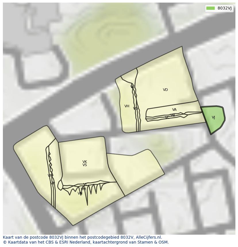 Afbeelding van het postcodegebied 8032 VJ op de kaart.