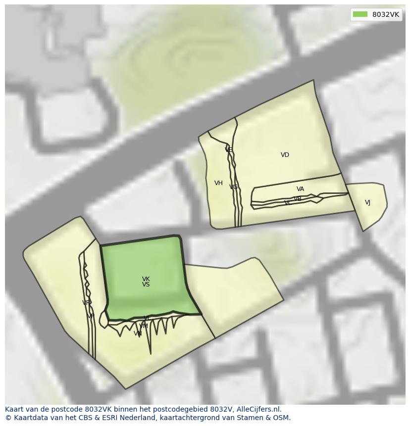 Afbeelding van het postcodegebied 8032 VK op de kaart.