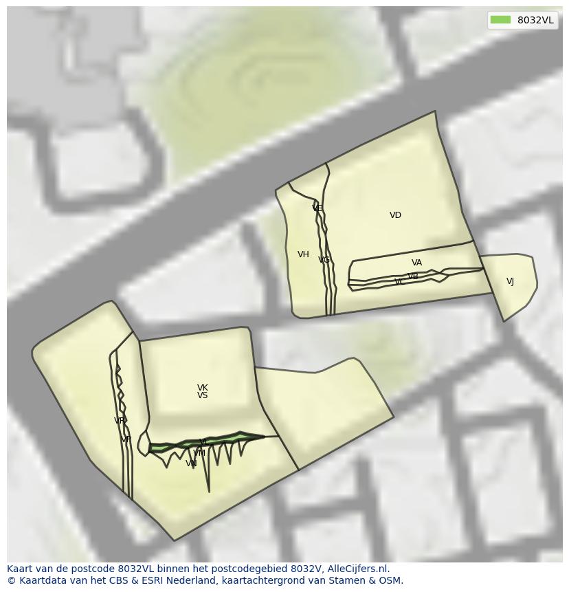 Afbeelding van het postcodegebied 8032 VL op de kaart.
