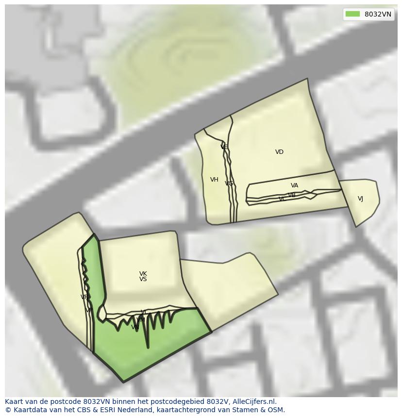 Afbeelding van het postcodegebied 8032 VN op de kaart.