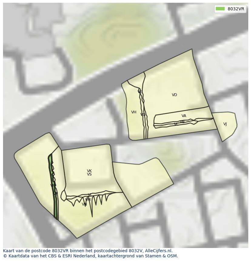 Afbeelding van het postcodegebied 8032 VR op de kaart.