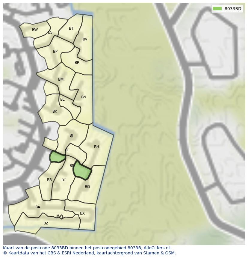 Afbeelding van het postcodegebied 8033 BD op de kaart.
