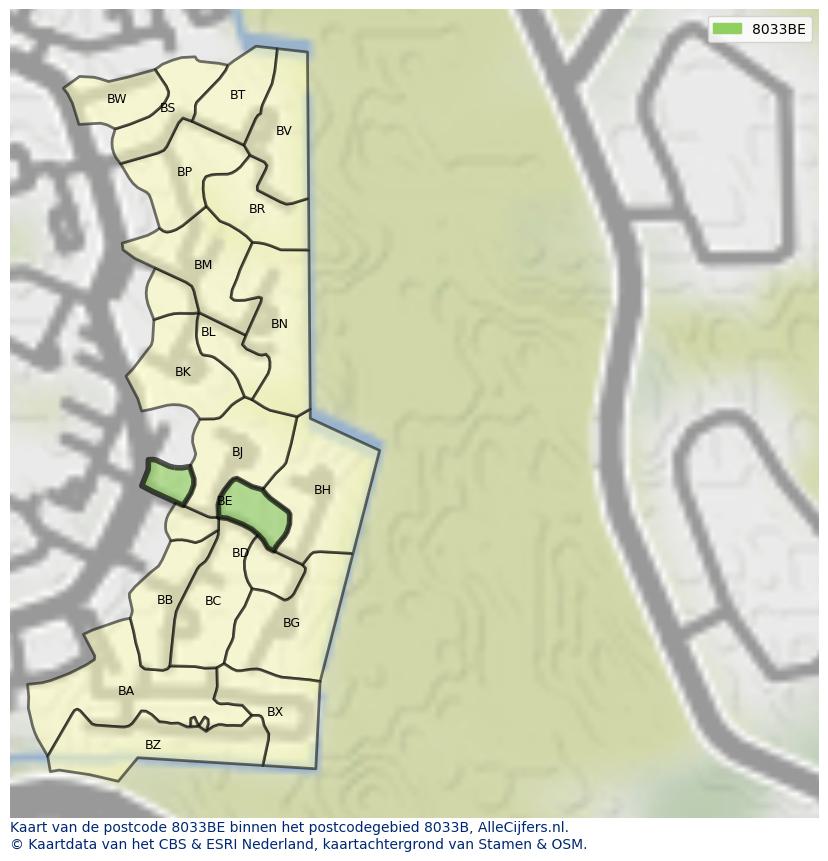 Afbeelding van het postcodegebied 8033 BE op de kaart.