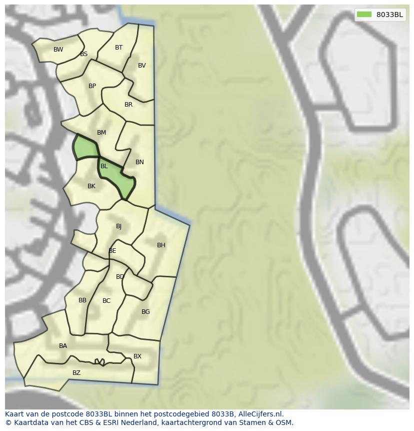 Afbeelding van het postcodegebied 8033 BL op de kaart.