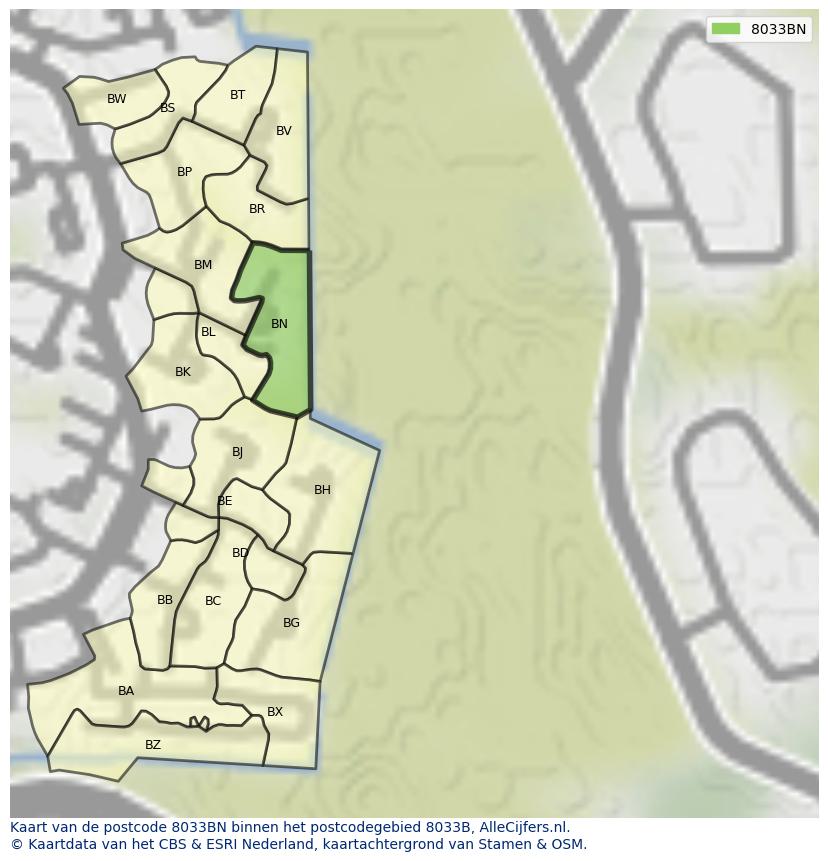 Afbeelding van het postcodegebied 8033 BN op de kaart.