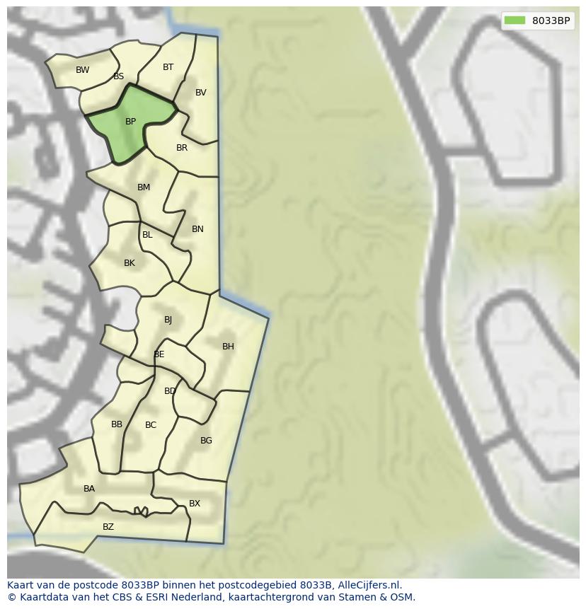 Afbeelding van het postcodegebied 8033 BP op de kaart.