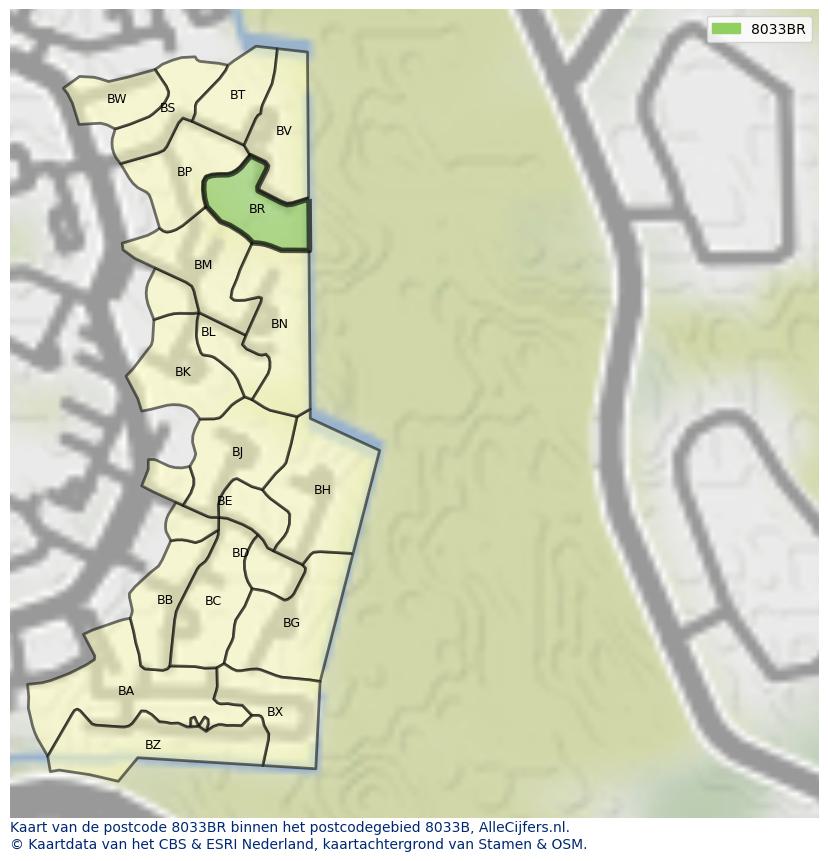 Afbeelding van het postcodegebied 8033 BR op de kaart.