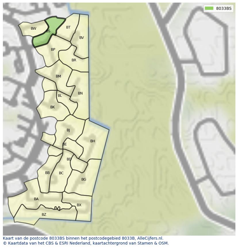 Afbeelding van het postcodegebied 8033 BS op de kaart.
