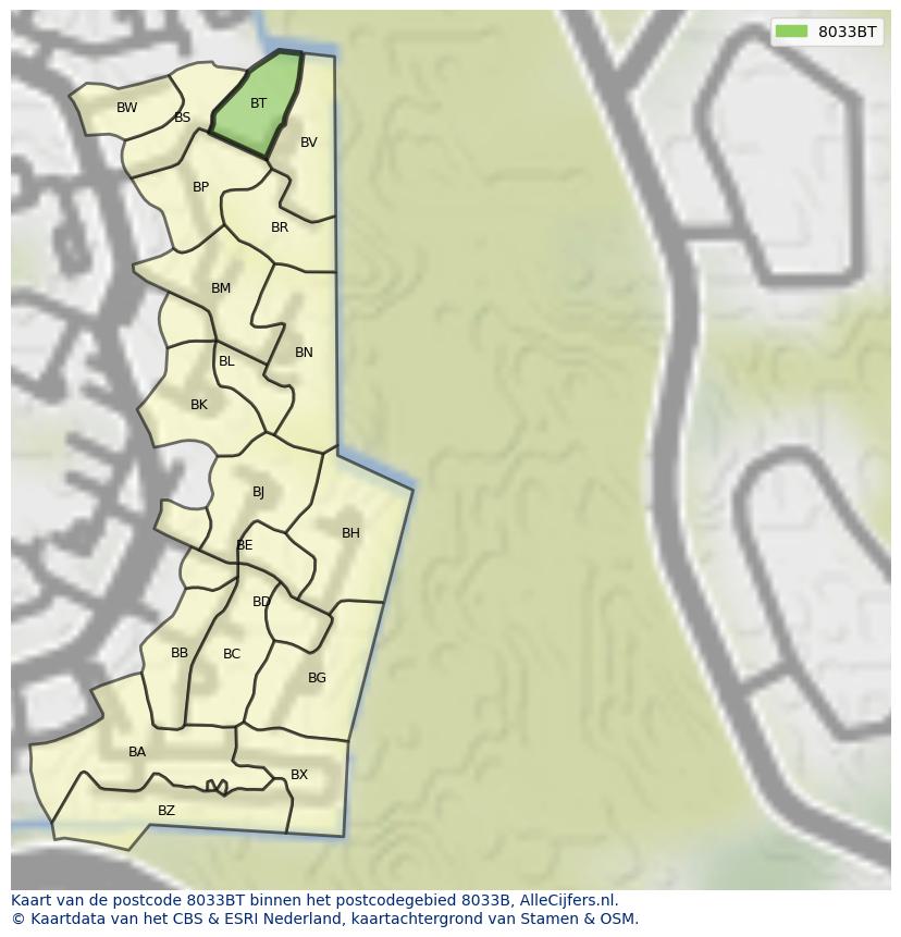 Afbeelding van het postcodegebied 8033 BT op de kaart.