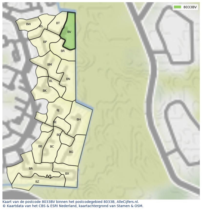 Afbeelding van het postcodegebied 8033 BV op de kaart.