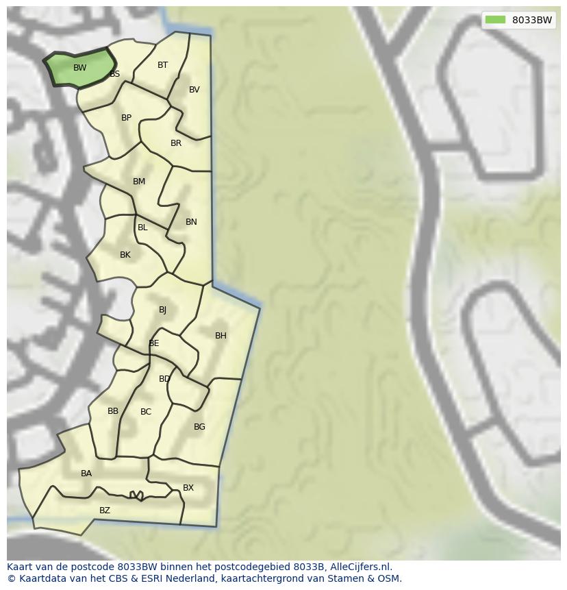Afbeelding van het postcodegebied 8033 BW op de kaart.