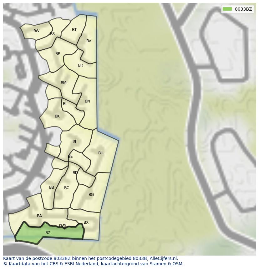 Afbeelding van het postcodegebied 8033 BZ op de kaart.