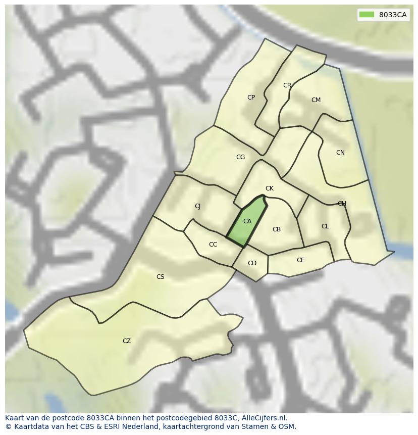 Afbeelding van het postcodegebied 8033 CA op de kaart.