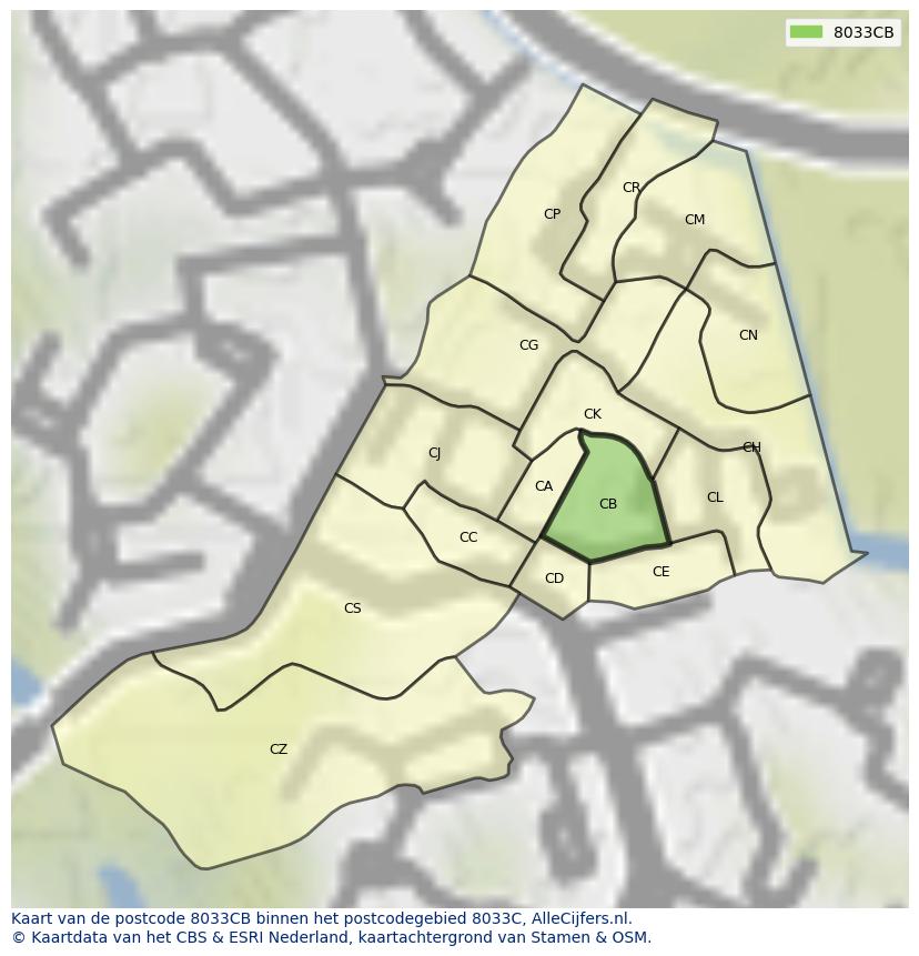 Afbeelding van het postcodegebied 8033 CB op de kaart.
