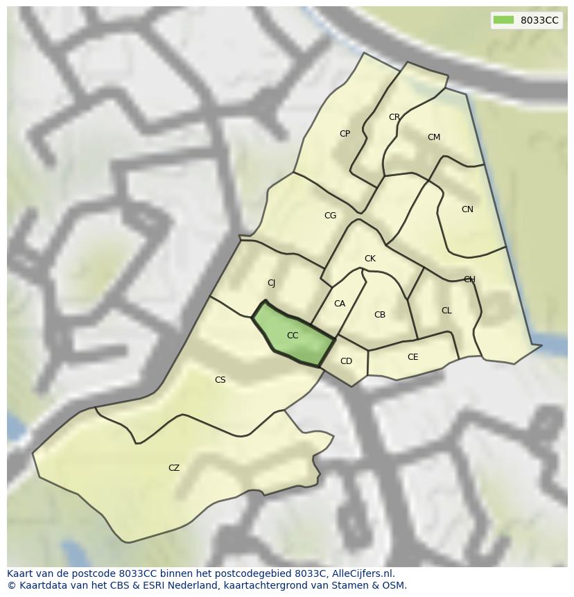 Afbeelding van het postcodegebied 8033 CC op de kaart.