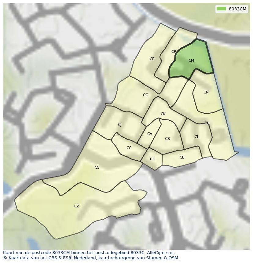 Afbeelding van het postcodegebied 8033 CM op de kaart.