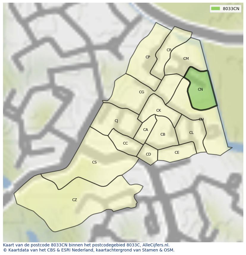 Afbeelding van het postcodegebied 8033 CN op de kaart.