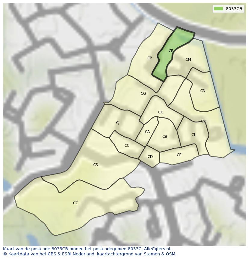 Afbeelding van het postcodegebied 8033 CR op de kaart.
