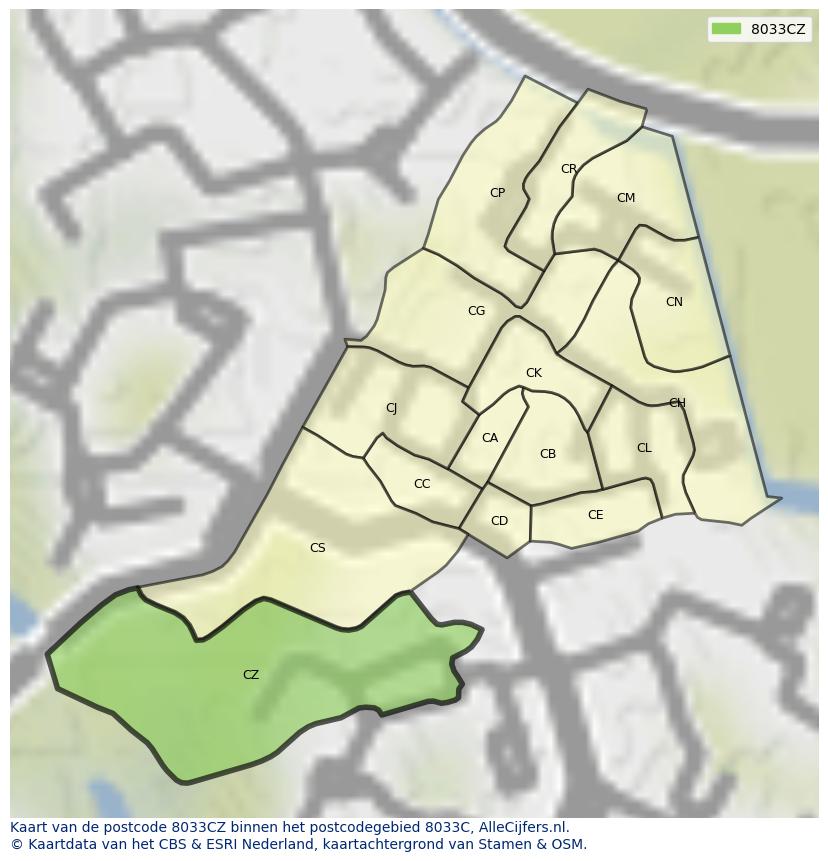 Afbeelding van het postcodegebied 8033 CZ op de kaart.