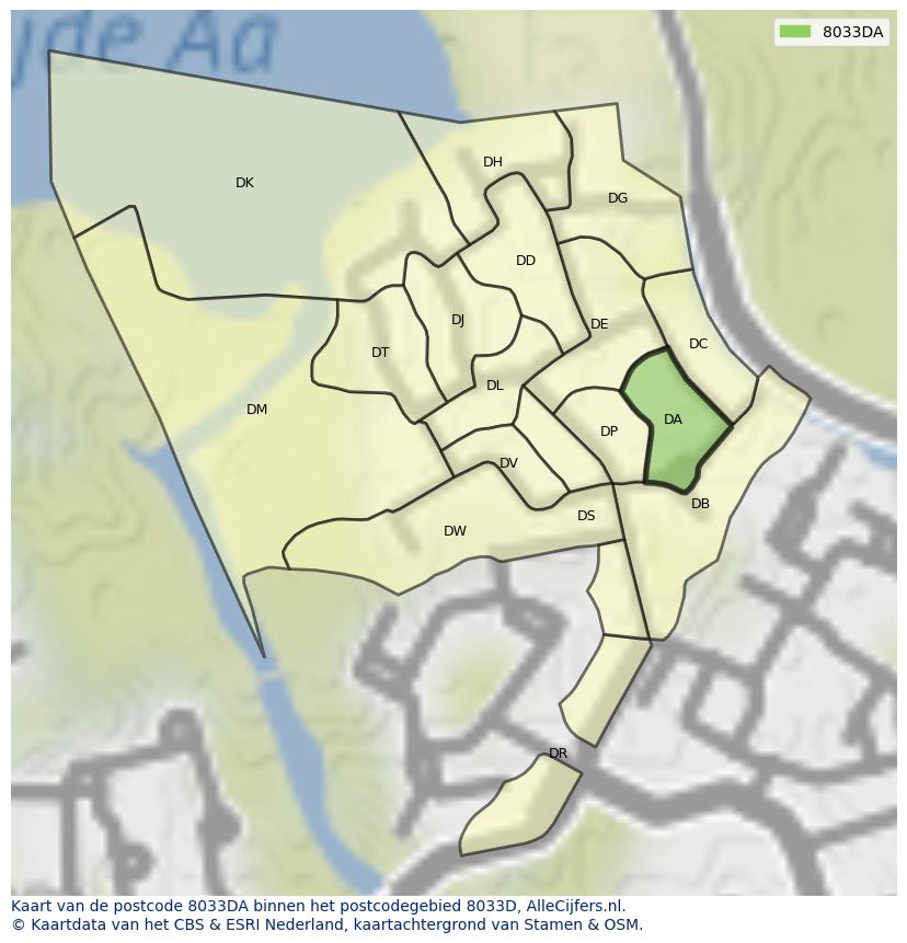 Afbeelding van het postcodegebied 8033 DA op de kaart.