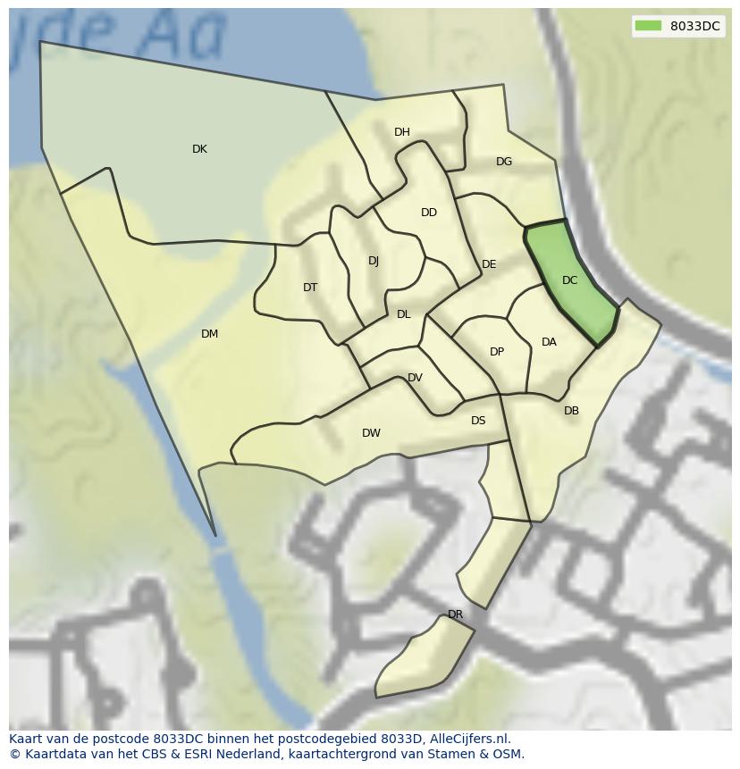 Afbeelding van het postcodegebied 8033 DC op de kaart.