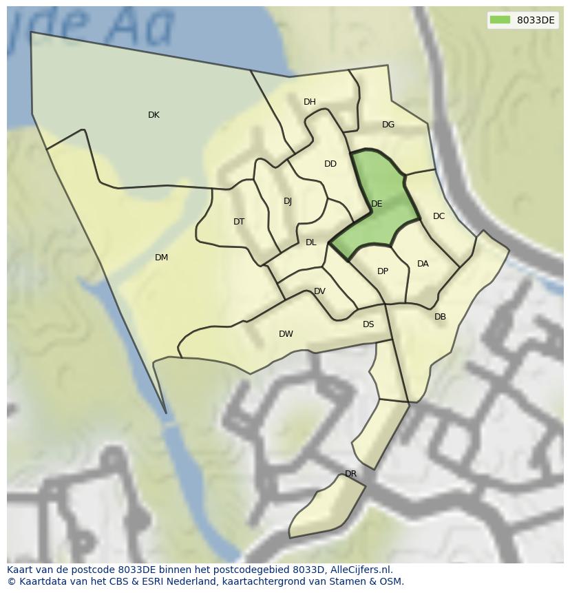 Afbeelding van het postcodegebied 8033 DE op de kaart.