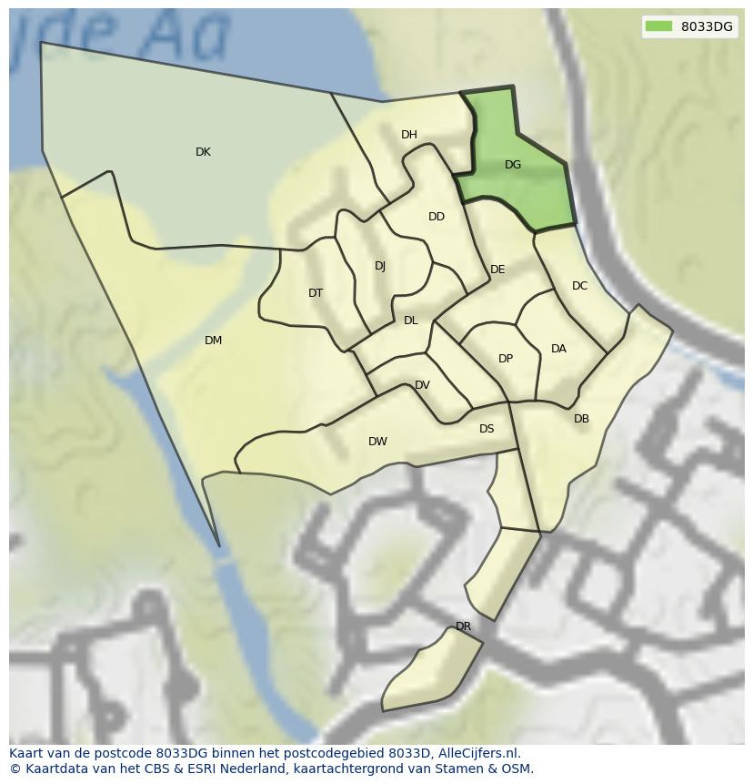 Afbeelding van het postcodegebied 8033 DG op de kaart.