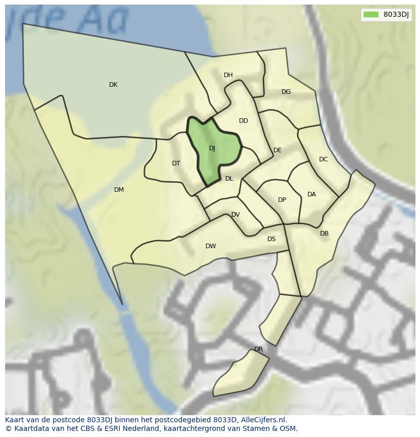 Afbeelding van het postcodegebied 8033 DJ op de kaart.