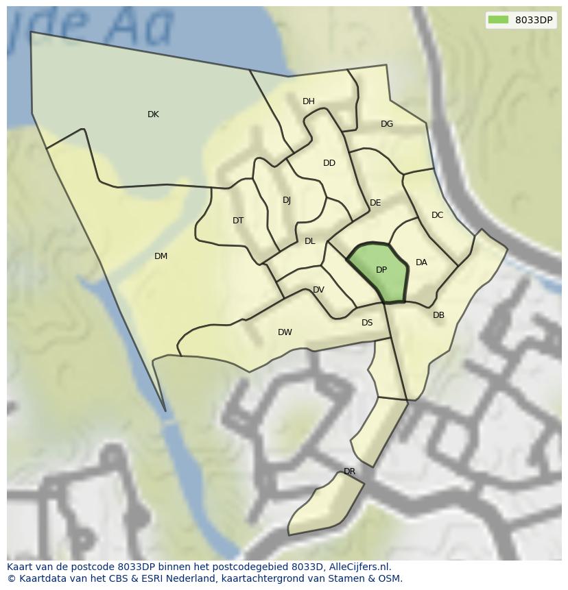 Afbeelding van het postcodegebied 8033 DP op de kaart.