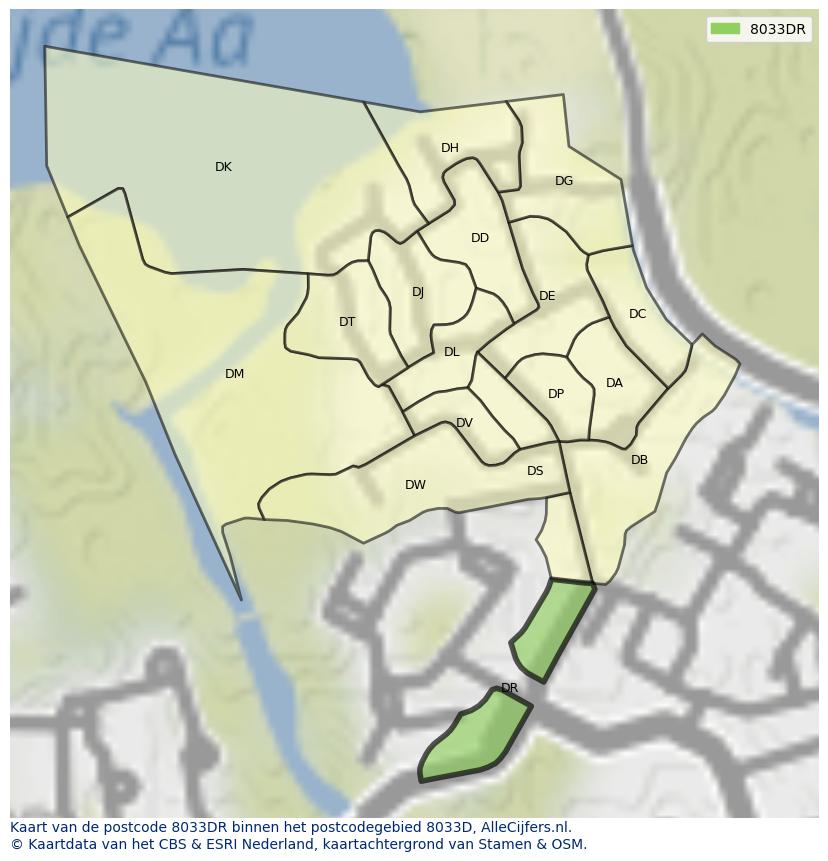 Afbeelding van het postcodegebied 8033 DR op de kaart.