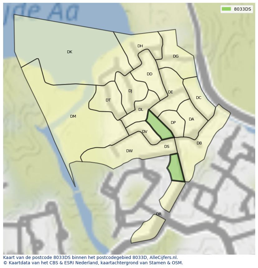 Afbeelding van het postcodegebied 8033 DS op de kaart.