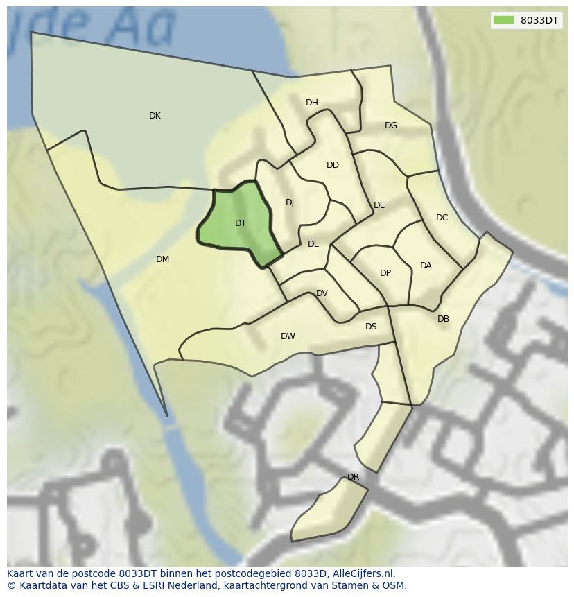 Afbeelding van het postcodegebied 8033 DT op de kaart.