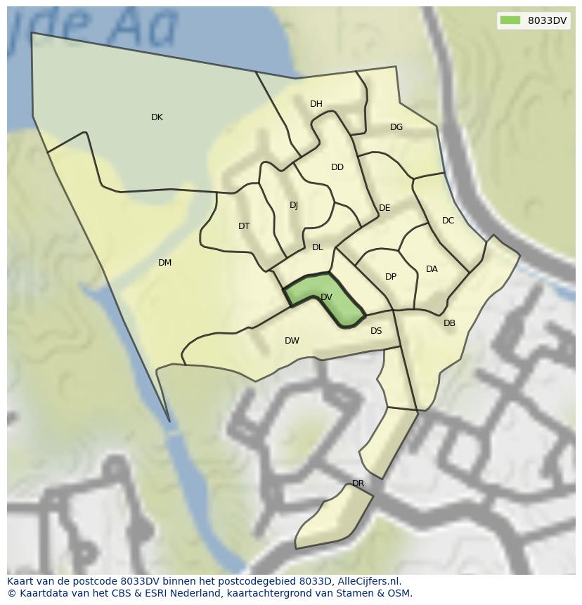 Afbeelding van het postcodegebied 8033 DV op de kaart.