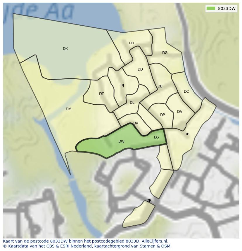 Afbeelding van het postcodegebied 8033 DW op de kaart.