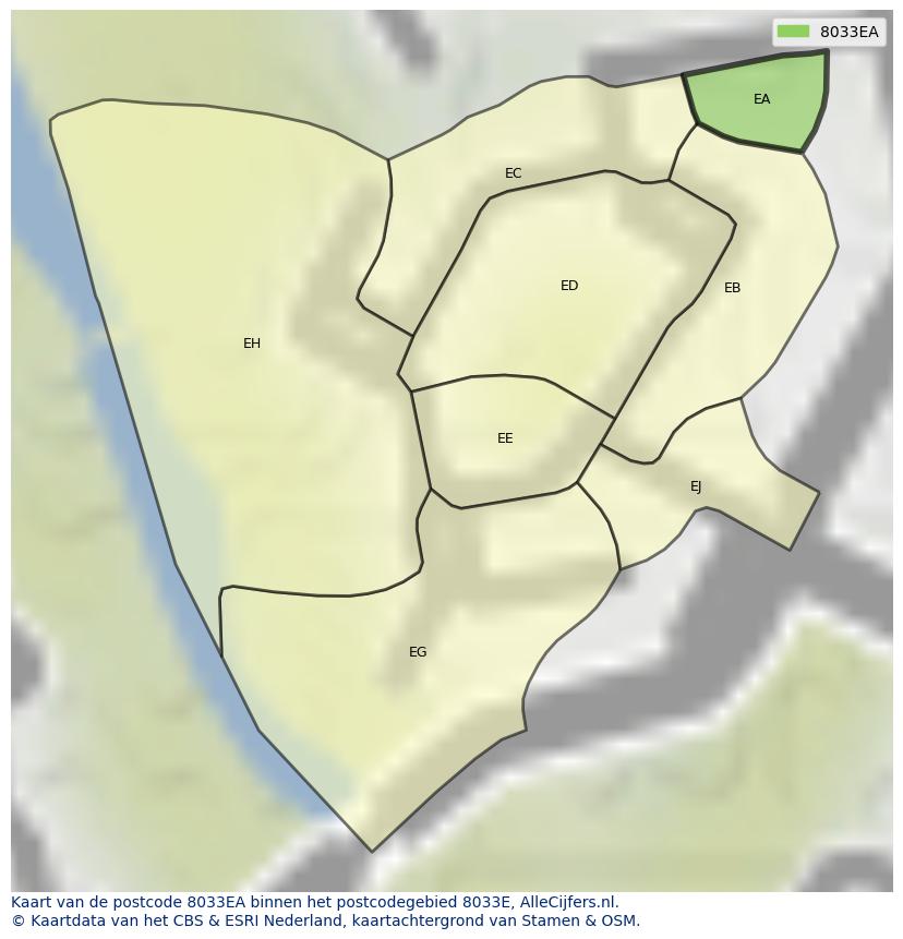 Afbeelding van het postcodegebied 8033 EA op de kaart.