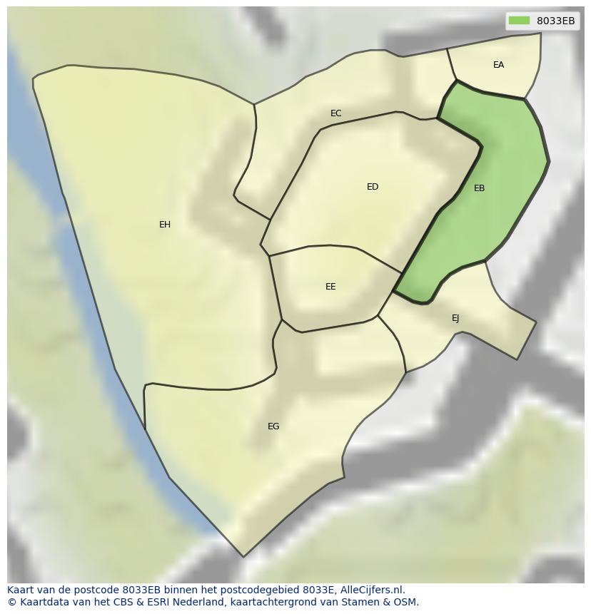 Afbeelding van het postcodegebied 8033 EB op de kaart.