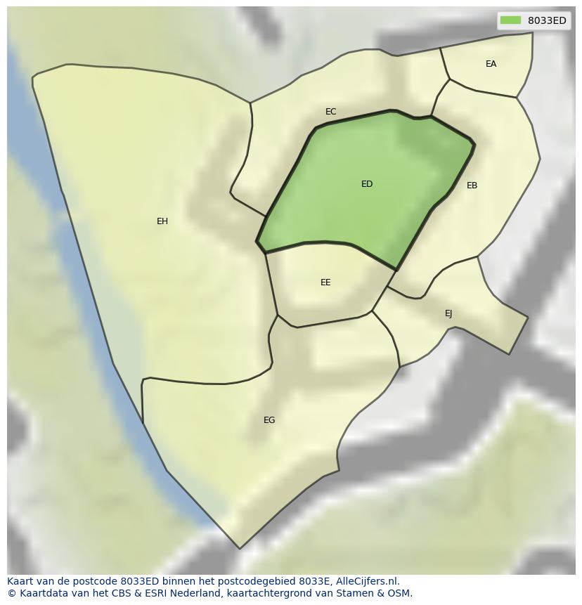 Afbeelding van het postcodegebied 8033 ED op de kaart.