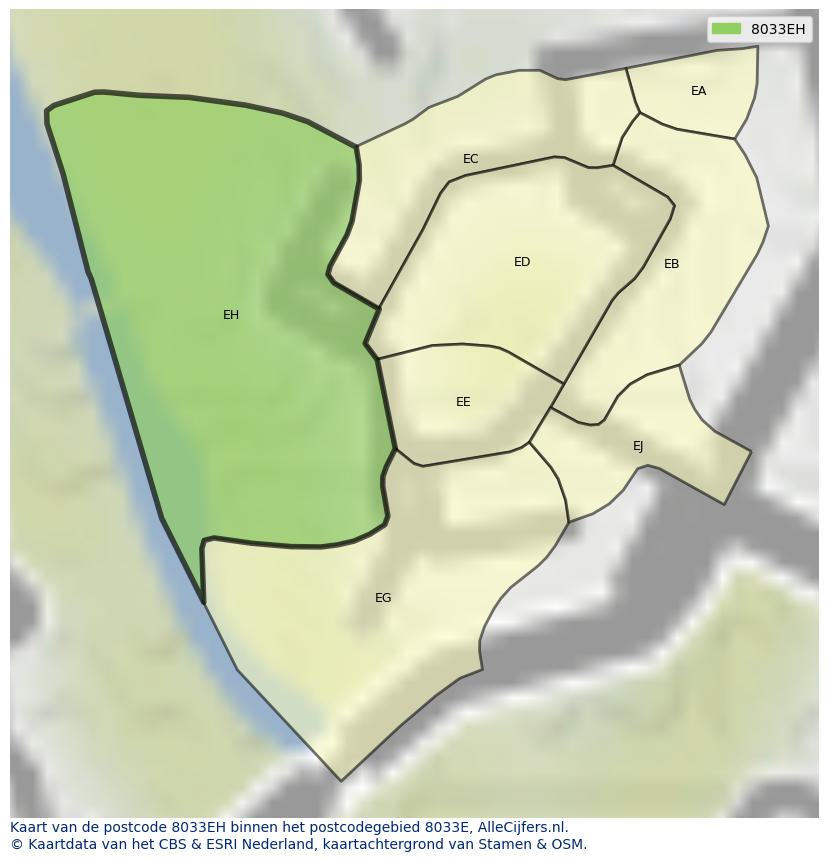 Afbeelding van het postcodegebied 8033 EH op de kaart.
