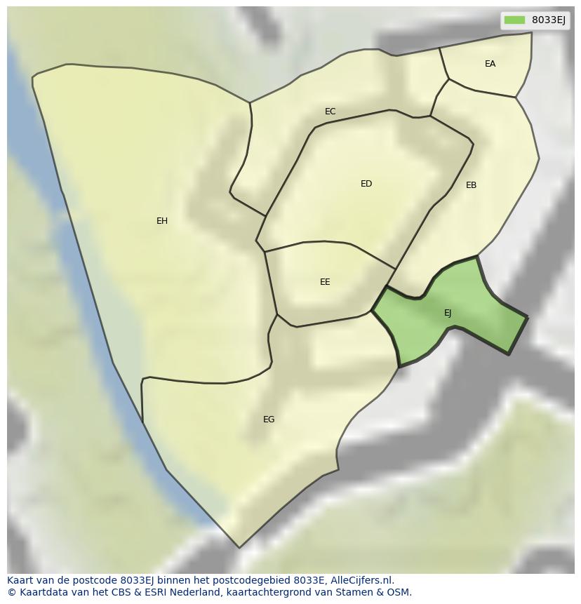 Afbeelding van het postcodegebied 8033 EJ op de kaart.