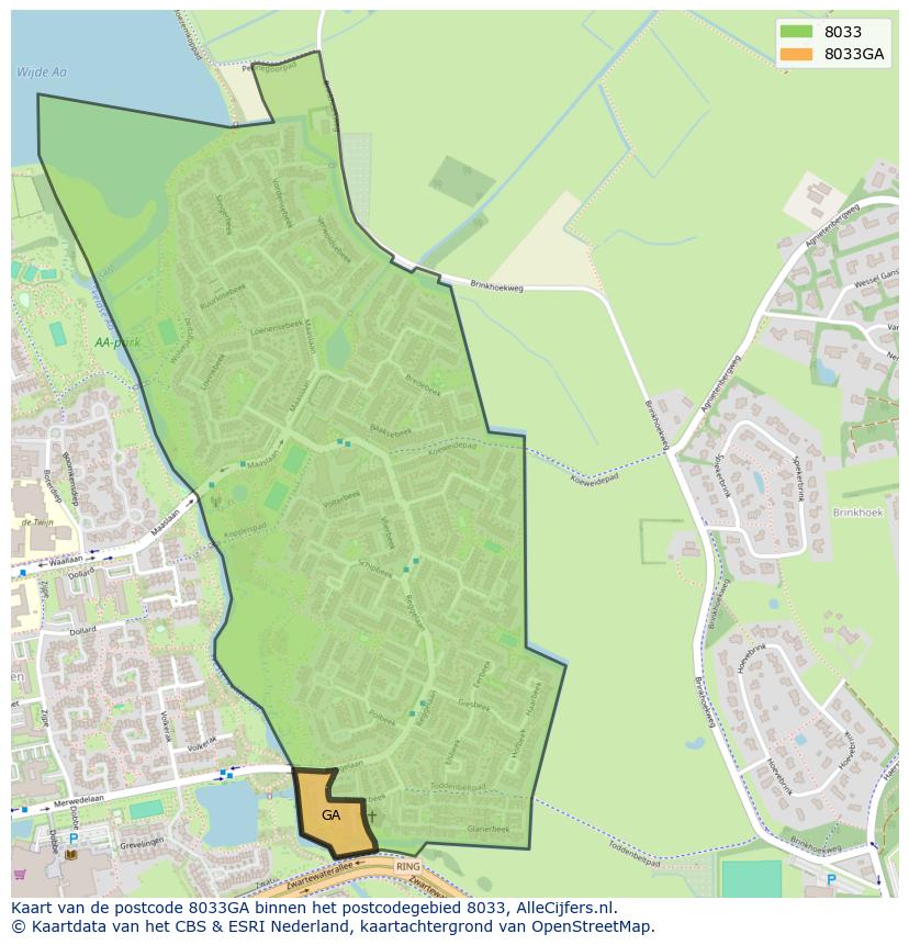 Afbeelding van het postcodegebied 8033 GA op de kaart.