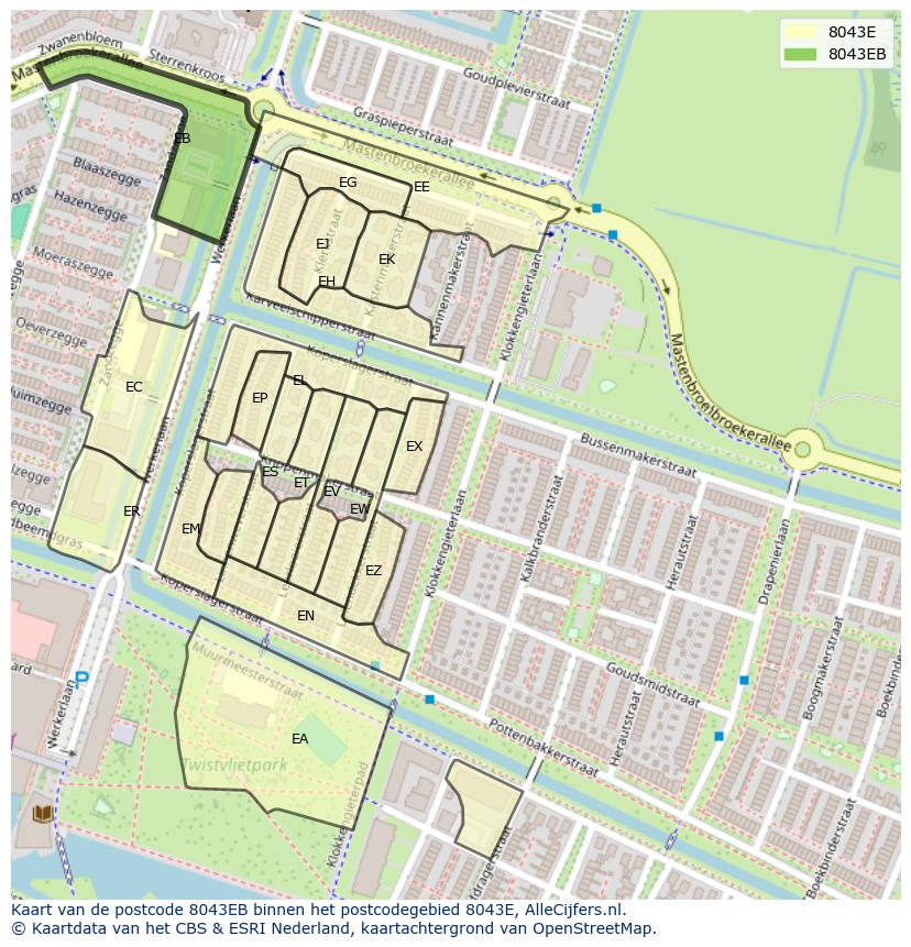 Afbeelding van het postcodegebied 8043 EB op de kaart.