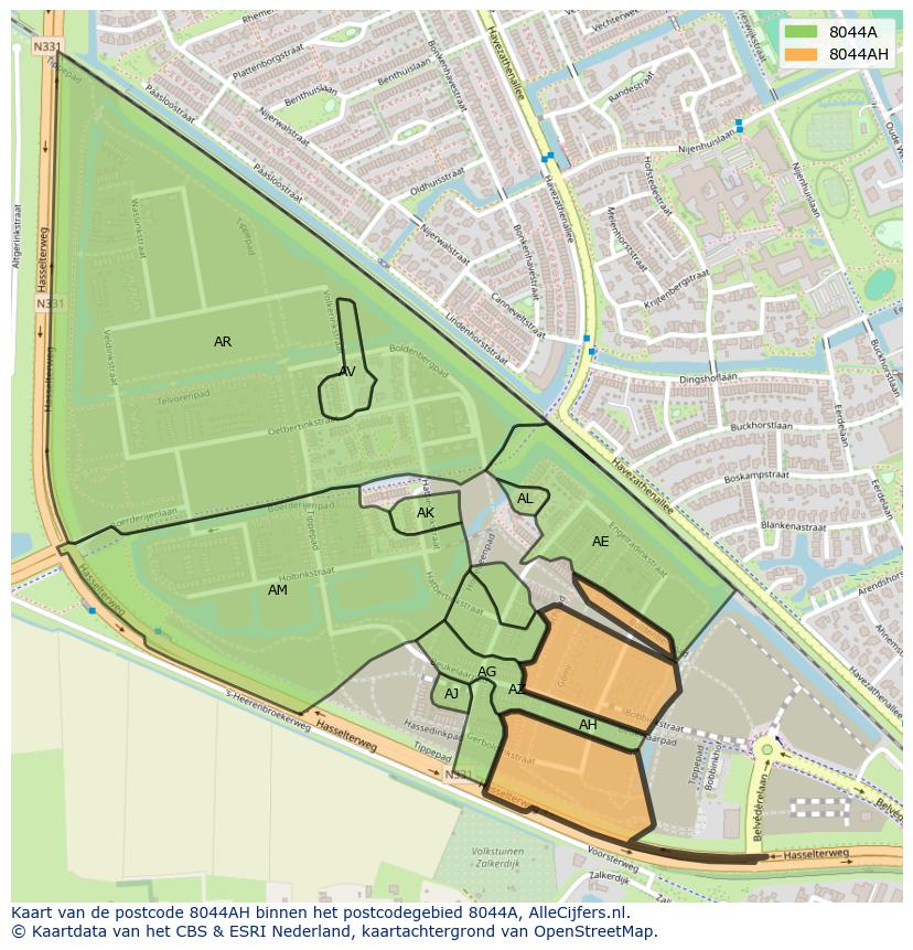 Afbeelding van het postcodegebied 8044 AH op de kaart.