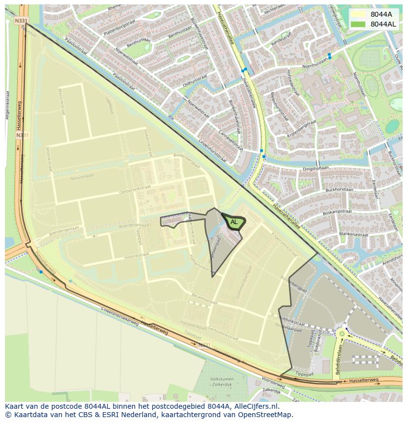 Afbeelding van het postcodegebied 8044 AL op de kaart.