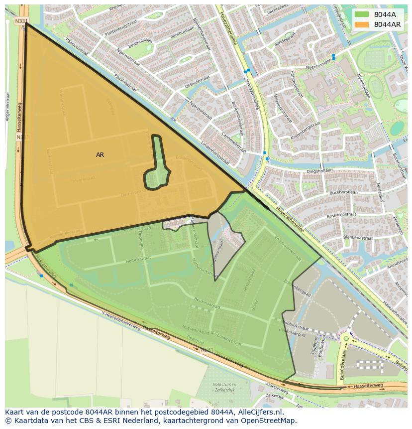 Afbeelding van het postcodegebied 8044 AR op de kaart.