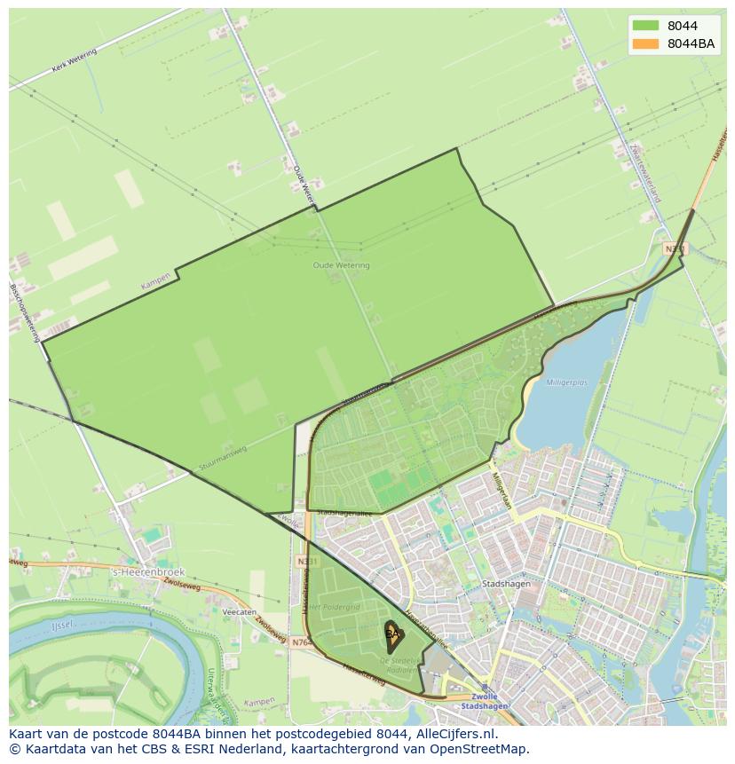 Afbeelding van het postcodegebied 8044 BA op de kaart.