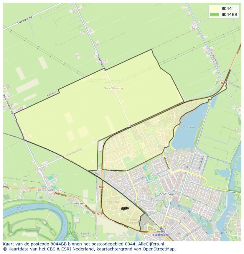 Afbeelding van het postcodegebied 8044 BB op de kaart.