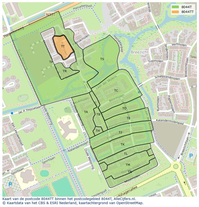 Afbeelding van het postcodegebied 8044 TT op de kaart.